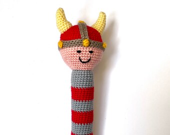 Baby Stick Rattle, Viking Boy with Helmet, WFTO Certified Fair Trade, Gift for Baby Thor or Baby Odin,