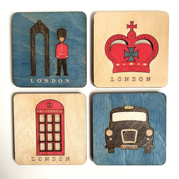 British Themed  Wooden Coasters - Set of 4 - Sentry Guard, Crown, Telephone Box and Iconic London Black Taxi, Fathers Day, Home Decor