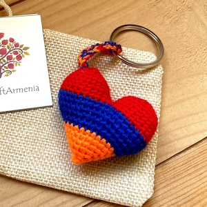 Armenian Flag, Red, Blue and Orange Heart Crocheted Key Ring Tag, Clip on Accessory