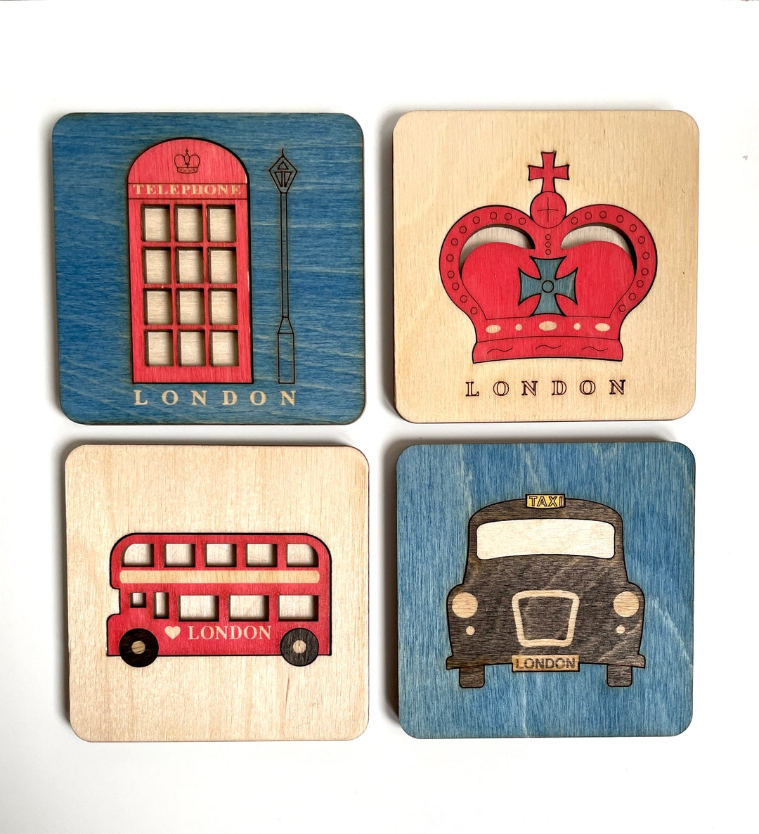 British Themed Wooden Coasters Set of 4 Crown, Telephone Box, Double ...