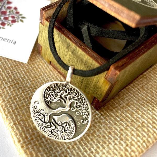 Yin Yang Tree Pendant 925 Sterling Silver with faux suede cord and matching Customised Wood Box