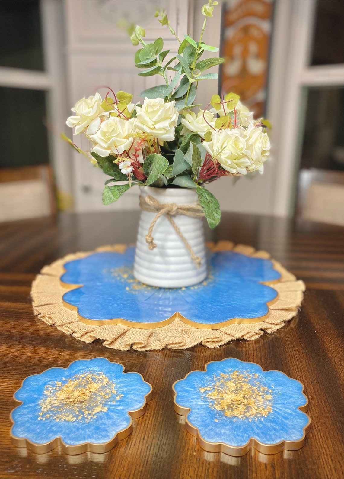 Blue Flower Tray and Coaster Set Trays for Decor Resin Etsy