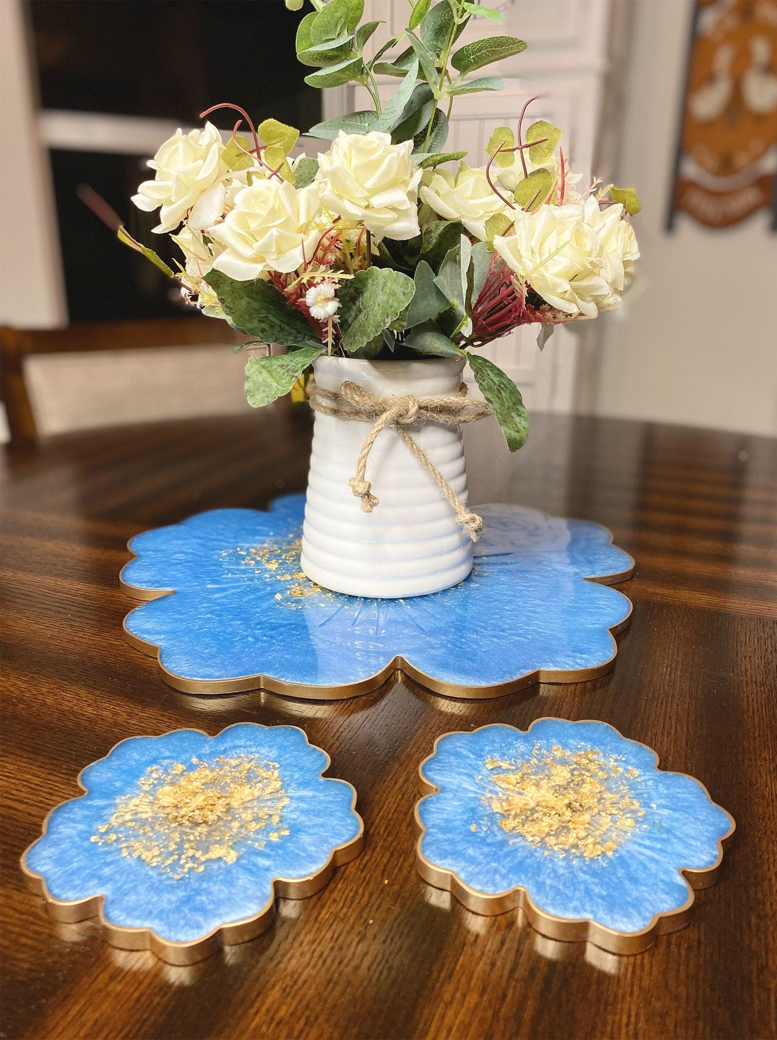 Blue Flower Tray and Coaster Set Trays for Decor Resin Etsy
