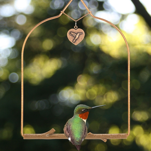 Pop's Birding Copper Hummingbird Swing - 100% Made in USA Copper Hummingbird Perch with Heart Charm