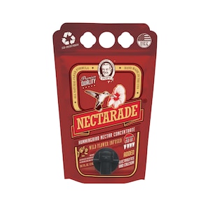 May include: Red pouch with a hummingbird and flower design. It says "NectarAde Hummingbird Nectar Concentrate Wild Flower Infused 150 oz Added Electrolytes and Calcium".