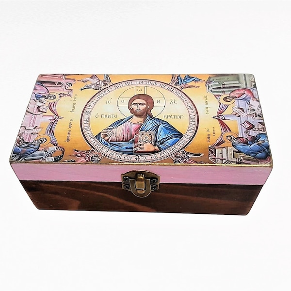 Caja de monograma de regalo de bautismo ortodoxo griego, icono de Cristo Pantocrátor Ideas de regalo personalizadas para niños, caja de regalo ortodoxa cristiana bautizo