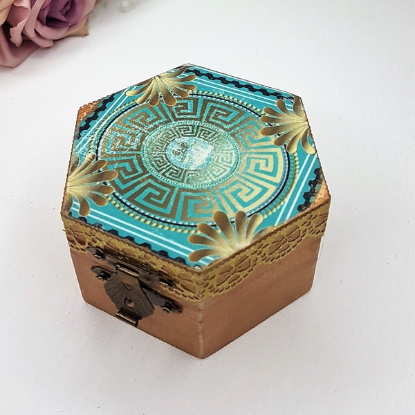 Ancient Greek Key Jewelry Box,Meander Small Wooden Box Hexagon Ring Organizer Proposal Ring Box Trinket,Ring Holder from Greece Gift for Her