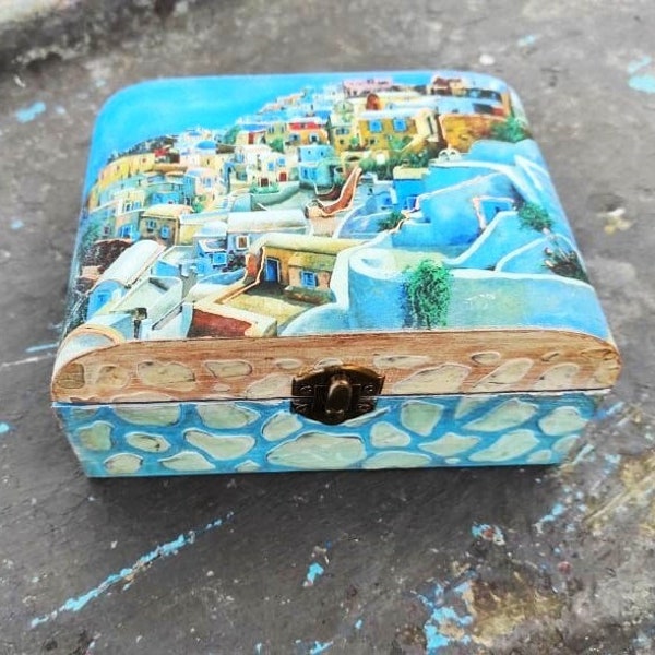 Santorini Greek Island jewelry Box, Greek Village Keepsake Decorative Box Mediterranean House Travel Gift Honeymoon Summer Decor from Greece