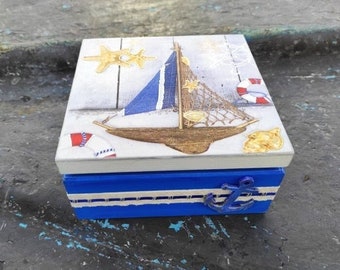 Nautical Theme Tea Box, Boat-Anchor-Shells Jewelry Organizer, Mediterranean Blue White Wood Decorative Box,Handmade Greek Gift from Greece