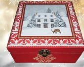 Red Wooden Storage Box,Deer Snow Winter Decoupage Box,Snowflakes Decorative Box Gift Idea for Her,Present for Friend,Mum,Sister,Grandma,Wife