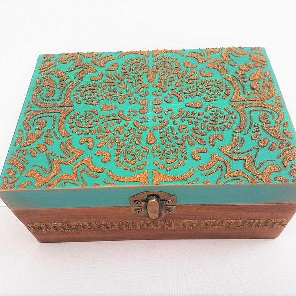 Ancient Greek Jewelry Organizer,Bronze Green Antique Stash Box,Greek Key Wood Keepsake Trinket,Handmade Gift for Her/Him Made in Greece Gift