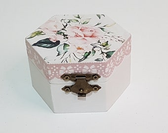 Rose Floral Ring Organizer Box,Pink White Hexagon Engagement Ring Box,Ring Bearer Proposal Box,Romantic Pink Jewelry Box Gift for Her,Woman