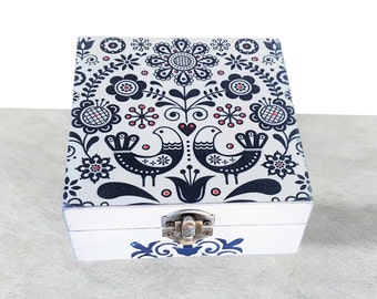 Folk Art Greece Jewelry Box, Traditional Greek Vintage Style Decorative Trinket,Embroidery Blue White Keepsake Box Handmade Gift from Greece