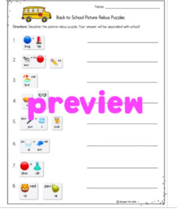back to school rebus picture puzzles printable etsy canada
