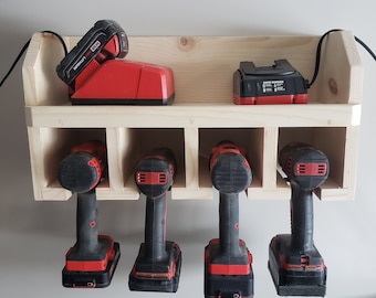 Pine Wood Cordless Tool Holder, Garage Storage Organizer
