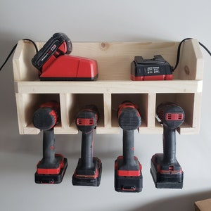 Cordless Tool Holder for Drill, Impact, other tools, Garage Storage Rack, Wood Shelf Organizer. Holds at least 4 tools