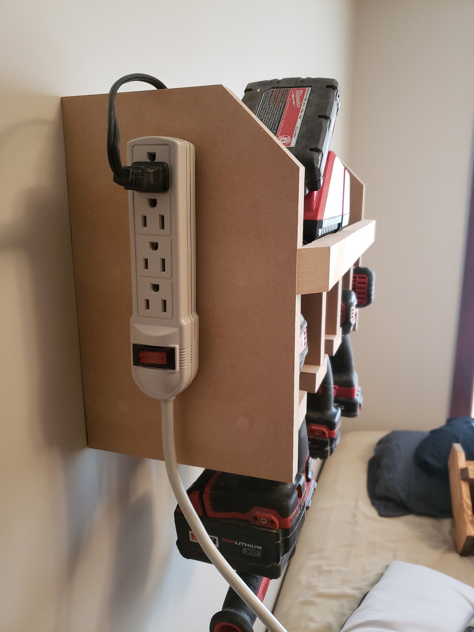 Cordless Tool Shelf Holds 4 Tools With Shelf for Batteries and Charger