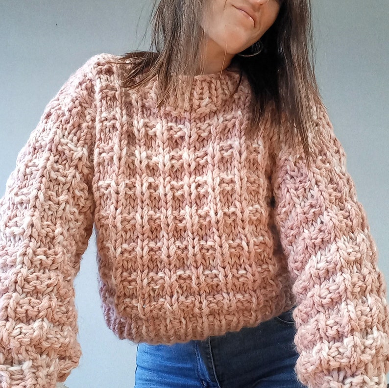 For The Love Of Waffles Jumper Digital Knitting Pattern Chunky Sweater Pattern Waffle Stitch Cropped Fit Seamless Textured image 7