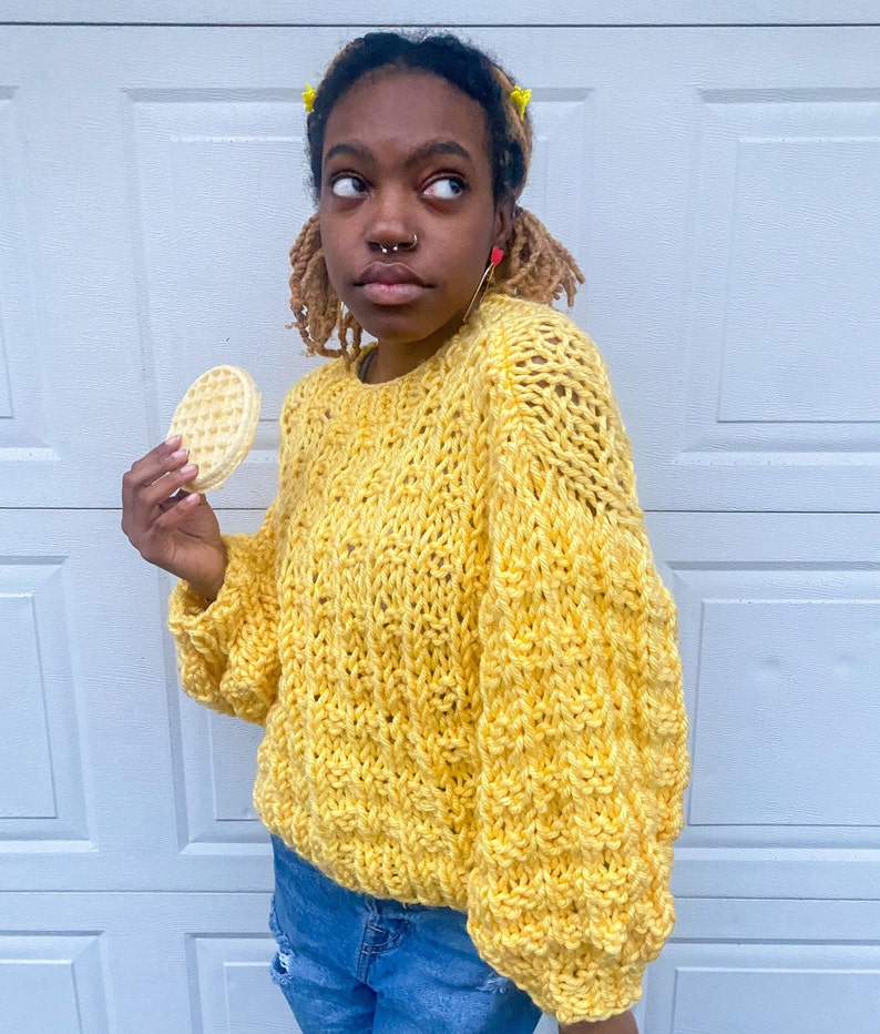 For The Love Of Waffles Jumper Digital Knitting Pattern Chunky Sweater Pattern Waffle Stitch Cropped Fit Seamless Textured image 2
