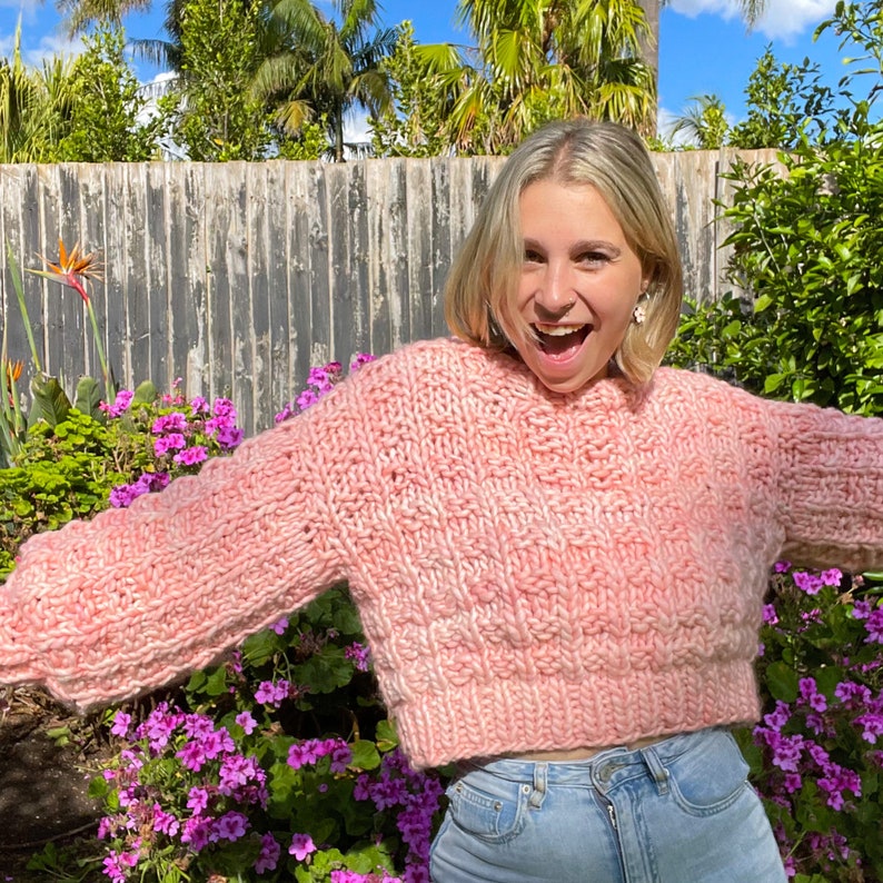 For The Love Of Waffles Jumper Digital Knitting Pattern Chunky Sweater Pattern Waffle Stitch Cropped Fit Seamless Textured image 1
