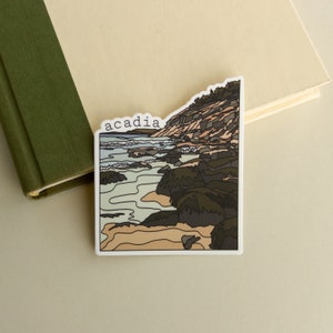 Acadia National Park Coast Sticker - Minimal Design - Maine Travel Sticker - White Background - Waterproof