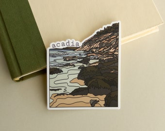 Acadia National Park Coast Sticker - Minimal Design - Maine Travel Sticker - White Background - Waterproof