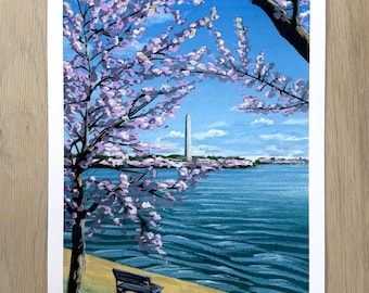 Washington Monument, DC Kirschblüte als Kunstdruck einer Original-Gouachemalerei