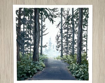 PNW misty forest, original gouache painting 5 x 5 inches