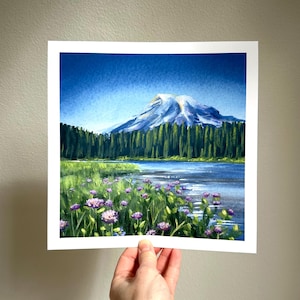 Mt Rainier print of an original gouache painting, 8 x 8 inches