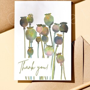 Packung mit 5 Dankeschön A6 Karte Dry Poppy Seeds Originalzeichnung auf Procreate einseitig mattierte Karte soft in grün grau und pink