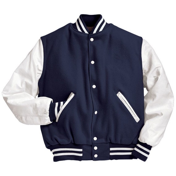 Navy Blue Wool Varsity Bomber Jackets With Red Real Leather Sleeves  Letterman
