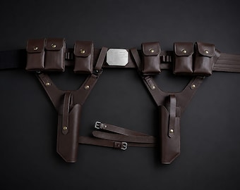 Handmade Axe Woves Mandalorian Costume Leather Belt with Holsters