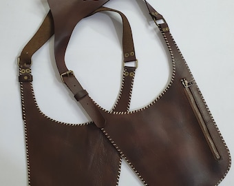 Handmade Leather Vest Style Shoulder  Pouch, Leather Holster Bag, Phone and wallet Holster