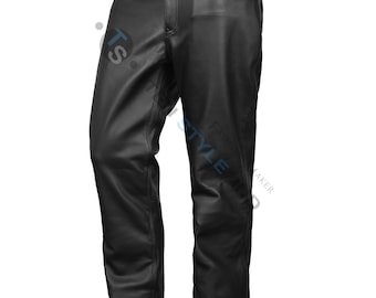 Men's Black Leather Biker Jeans, Skinny Fit Pants with Belt