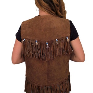 Womens Western Style Brown Suede Leather Vest With Fringe Handmade Beaded Feather Suede Leather Waistcoat Western Cowgirl Vest image 3