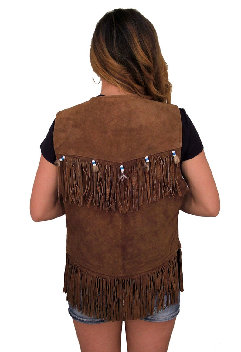 Womens Western Style Brown Suede Leather Vest With Fringe Handmade Beaded Feather Suede Leather Waistcoat Western Cowgirl Vest image 3