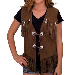 Womens Western Style Brown Suede Leather Vest With Fringe Handmade Beaded Feather Suede Leather Waistcoat Western Cowgirl Vest image 1