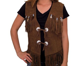 Womens Western Style Brown Suede Leather Vest With Fringe Handmade Beaded Feather Suede Leather Waistcoat Western Cowgirl Vest