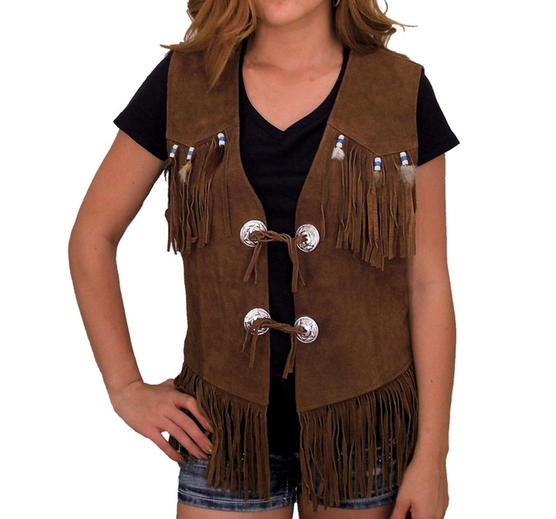 Womens Western Style Brown Suede Leather Vest With Fringe Handmade Beaded Feather Suede Leather Waistcoat Western Cowgirl Vest image 1