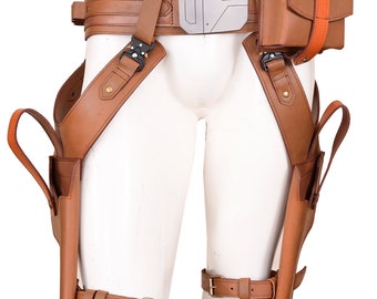 Cinturón de disfraz inspirado en la temporada 3 de Mandalorian con hacha de cuero, funda doble y 2 bolsillos