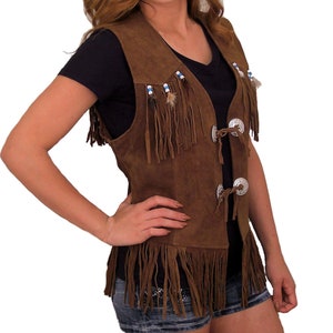 Womens Western Style Brown Suede Leather Vest With Fringe Handmade Beaded Feather Suede Leather Waistcoat Western Cowgirl Vest image 2