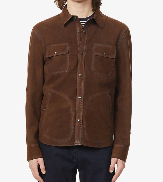 Men's Suede Leather Brown Shirt Men 