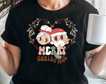 Santa and Mrs Claus Shirt Christmas Shirts for Women Retro Holiday Tee Christmas TShirt Shirts For ChristmasCute Christmas t-shirt