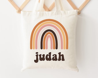 Personalized Retro Rainbow Kids Tote Bag: Custom Name Book Bag
