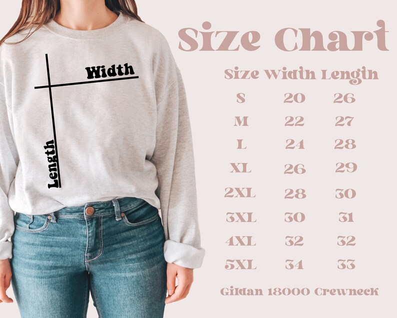 Pode incluir: Tabela de tamanhos para uma camisola de gola redonda Gildan 18000. A tabela mostra as medidas de largura e comprimento em polegadas para os tamanhos S a 5XL.