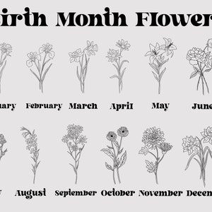 Pode incluir: Uma ilustra&ccedil;&atilde;o em preto e branco de flores que representam as flores de nascimento para cada m&ecirc;s do ano. Os meses s&atilde;o listados abaixo das flores: janeiro, fevereiro, mar&ccedil;o, abril, maio, junho, julho, agosto, setembro, outubro, novembro e dezembro.