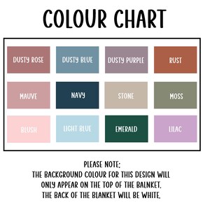 May include: A color chart with a black border displays a variety of colors, including dusty rose, dusty blue, and rust. The text "COLOUR CHART" is at the top. Below the color swatches, text reads, "PLEASE NOTE: THE BACKGROUND COLOUR FOR THIS DESIGN WILL ONLY APPEAR ON THE TOP OF THE BALNKET. THE BACK OF THE BLANKET WILL BE WHITE."