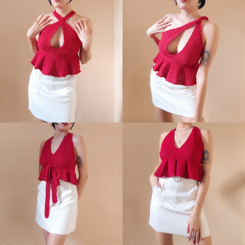 May include: Four different models wearing red crochet halter tops with white skirts. The tops have a ruffled hem and a plunging neckline. The skirts are all knee-length and have a simple design.