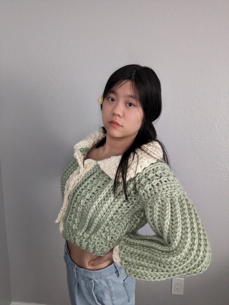 May include: A green and white crocheted sweater with a collared neckline and long sleeves. The sweater is cropped and has a ribbed texture.