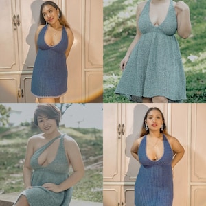 May include: Four women wearing different crochet dresses. The dresses are all sleeveless and have a deep V-neckline. The dresses are in shades of blue and green.